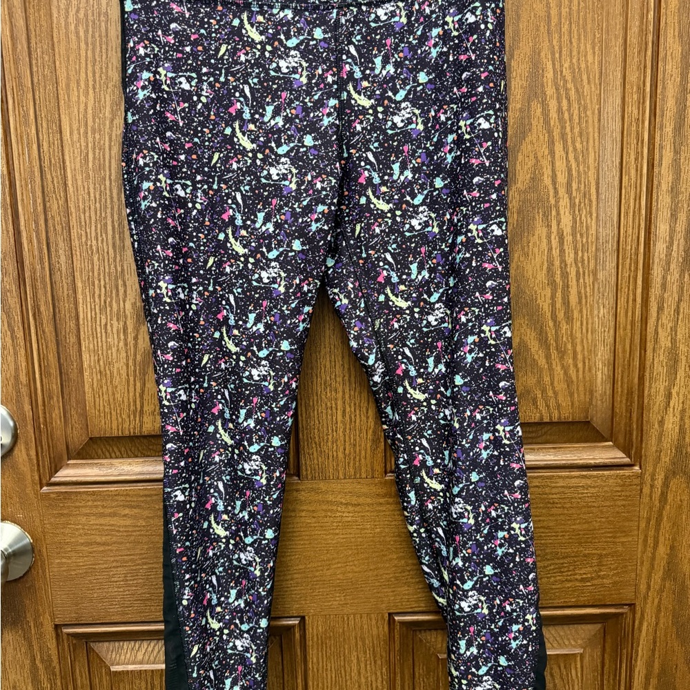 VOGO Athletica Black Leggings with Multicolor Floral Trim